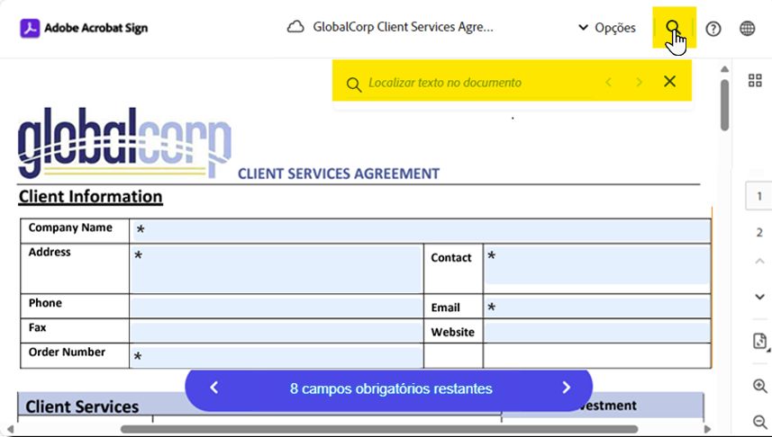 A página de assinatura eletrônica destacando o campo “Pesquisar texto”