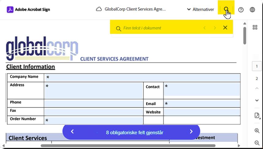 E-signeringssiden som uthever feltet for «søketekst»