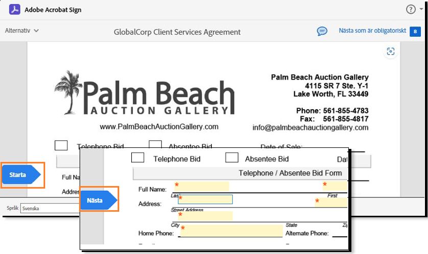 På e-signatursidan markeras fältindikatorn för Start/Nästa.