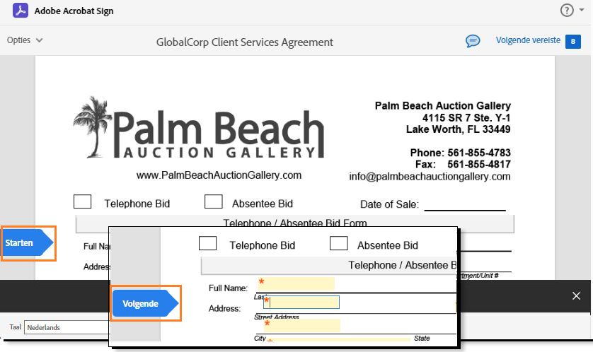 De pagina voor elektronische ondertekening met de veldindicator Start/Volgende gemarkeerd.