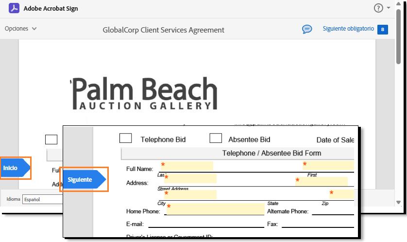 Página de firma electrónica con el indicador de campo Inicio/Siguiente resaltado.