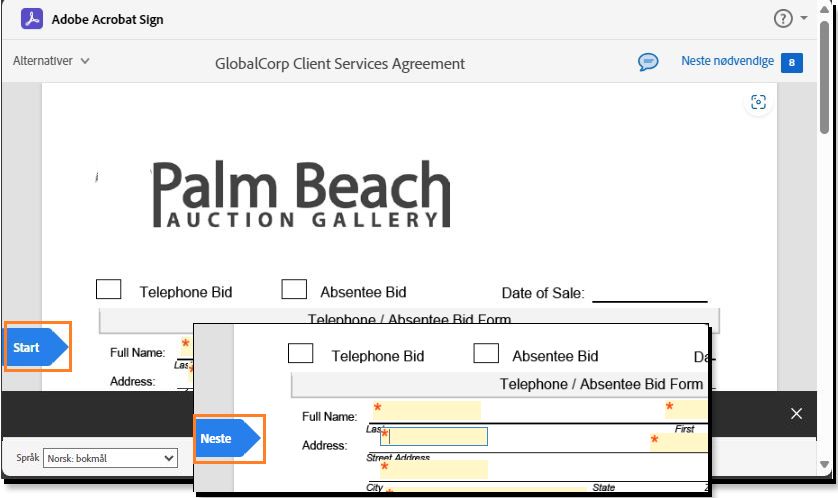 Siden for e-signering uthever Start/Neste-feltindikatoren.