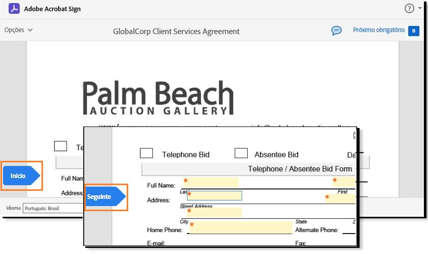 A página de assinatura eletrônica destacando o indicador de campo Iniciar/Próximo.