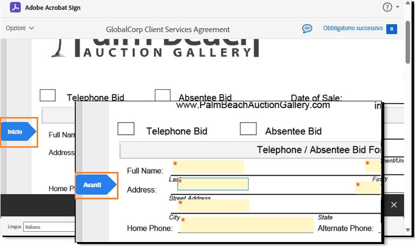 Pagina di firma elettronica che evidenzia l’indicatore del campo Inizia/Avanti.