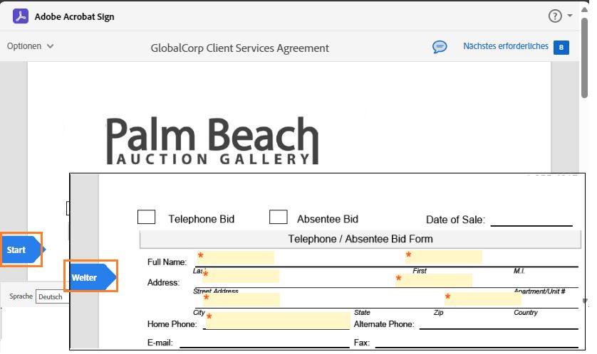 Die E-Signatur-Seite mit markiertem Start-/Nächstes-Feld-Symbol.
