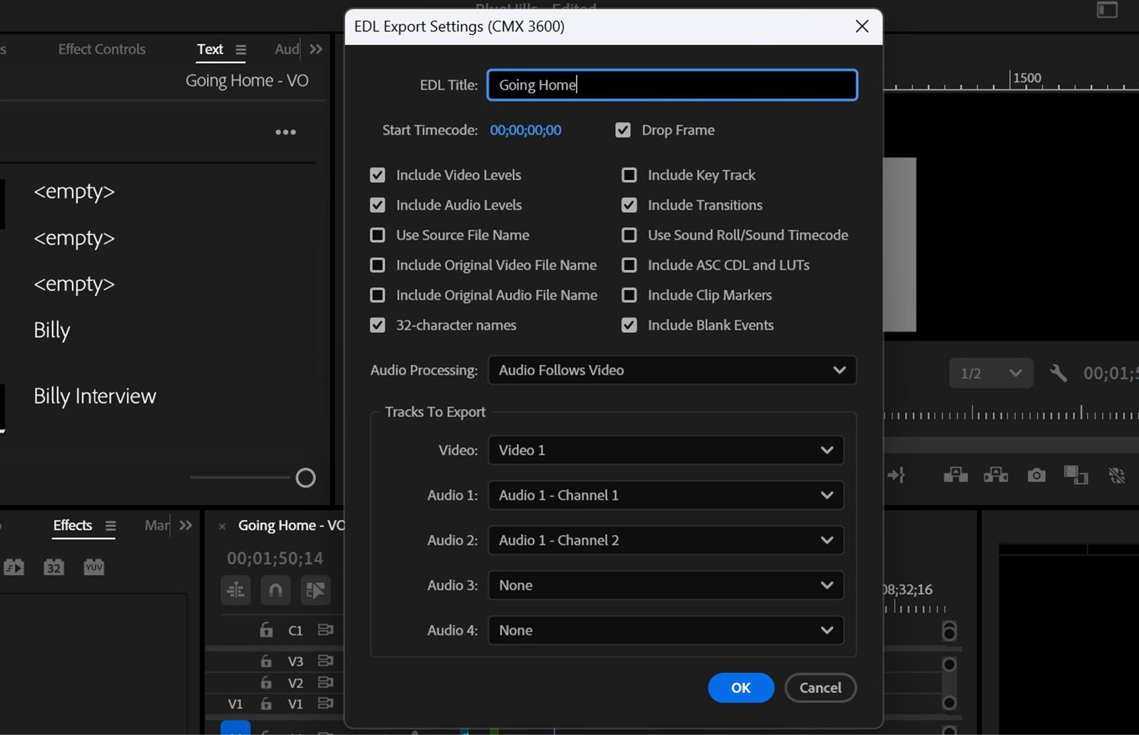 El cuadro de diálogo EDL Export Setting (CMX 3600) está abierto con opciones para incluir selecciones de pistas, nomenclatura de clips y configuración de exportación.