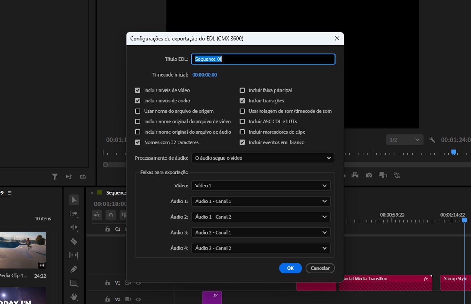 A caixa de diálogo Configuração de Exportação EDL (CMX 3600) está aberta com opções para incluir seleções de faixa, nomeação de clipes e configurações de exportação.