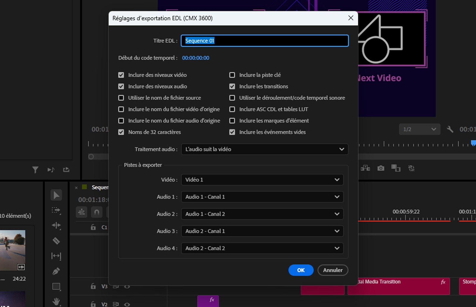 La boîte de dialogue Paramètres d'exportation EDL (CMX 3600) s'ouvre avec des options pour inclure les sélections de pistes, la dénomination des clips et les paramètres d'export.