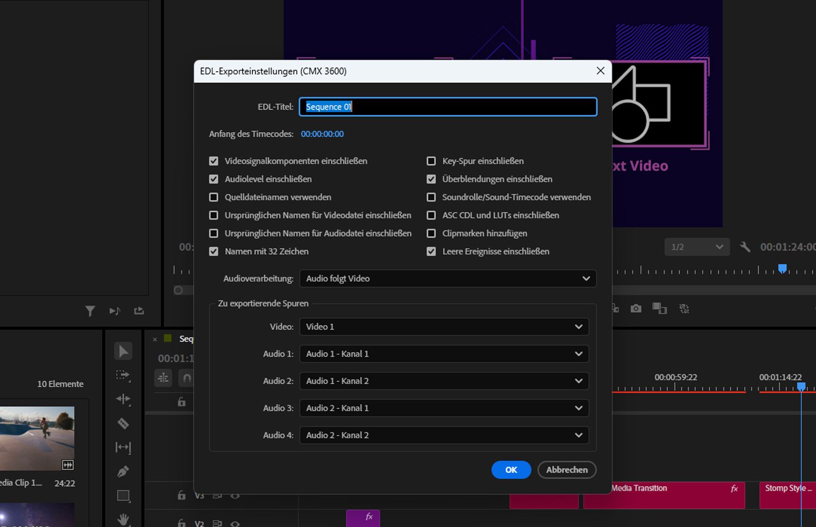 Das Dialogfeld „EDL-Exporteinstellungen (CMX 3600)“ ist geöffnet und zeigt Optionen zur Spurauswahl, Clip-Benennung und Exporteinstellungen an.