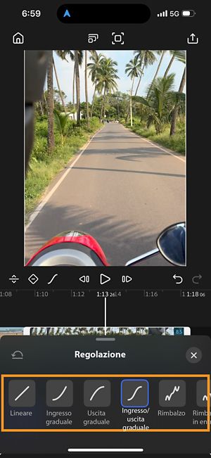 Menu Regolazione che mostra le opzioni Lineare, Ingresso graduale, Uscita graduale, Ingresso/Uscita graduale e Rimbalzo.
