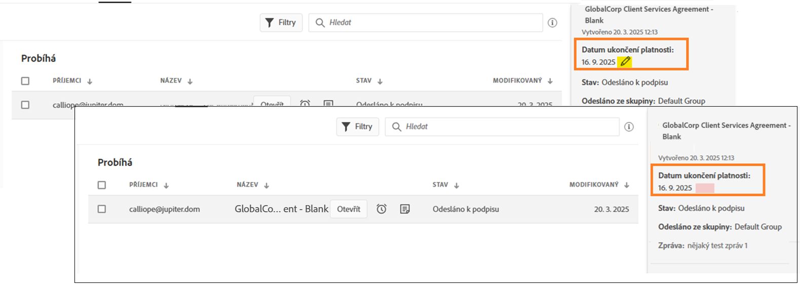 Dva příklady stránky Správa, jeden se zvýrazněním místa, kde se nachází ikona Upravit, a druhý se zvýrazněním místa, kde se žádná ikona nenachází.