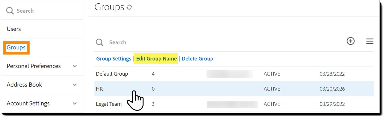 Der Tab „Gruppen“ mit einer ausgewählten Gruppe, die die Aktionslinks freilegt.