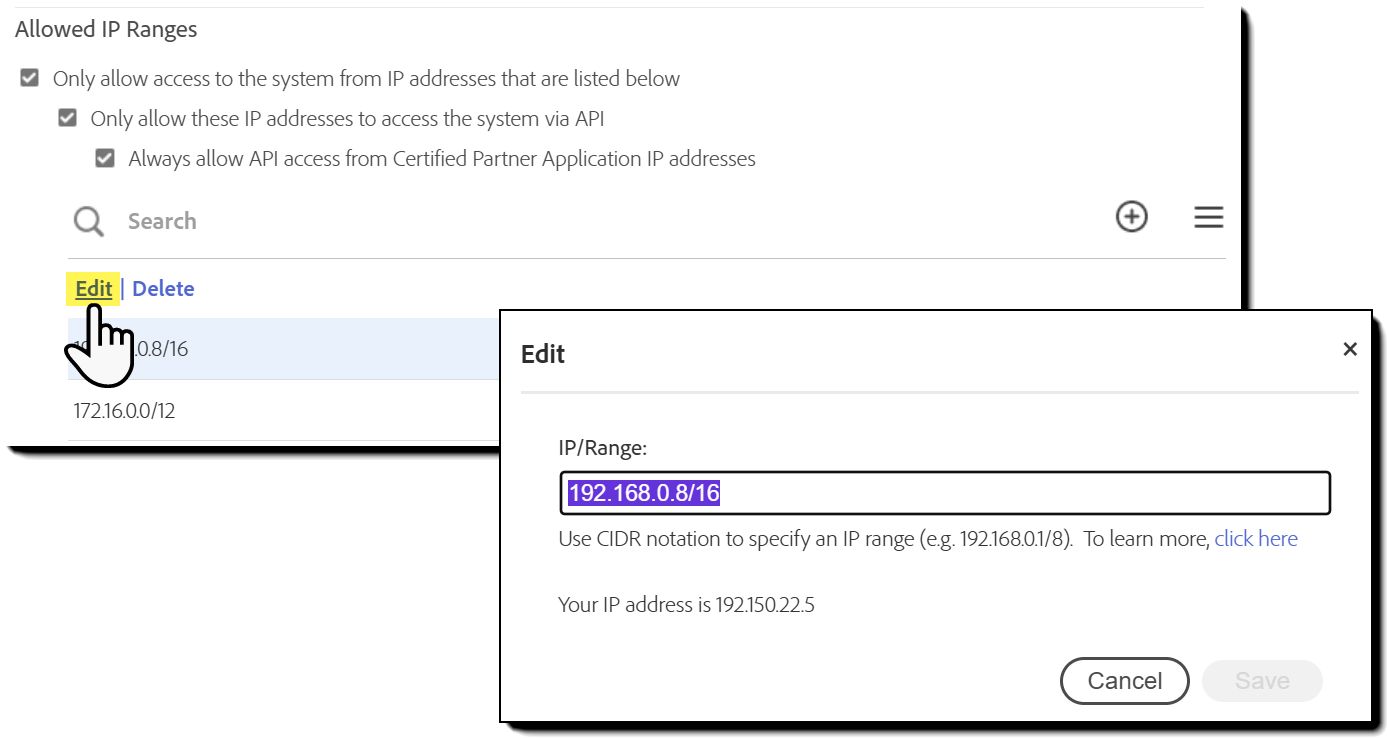 A lista de Intervalos de IP com o link Editar exposto e o painel Editar inserido.