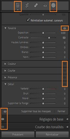 Capture d’écran des panneaux mettant en surbrillance l’indicateur de retouche et l’indicateur Œil (nouveau).