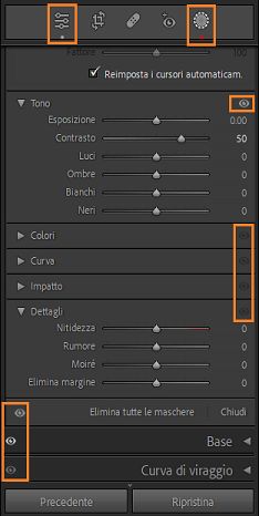 Schermata dei pannelli in cui sono evidenziati i nuovi indicatori di modifica e occhio.