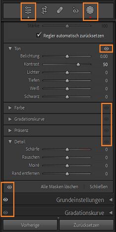 Screenshot der Bedienfelder mit der neuen Bearbeitungsanzeige und Augenanzeige.