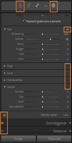 Skjermbilde av paneler med den nye redigeringsindikatoren og øyeindikatoren uthevet.