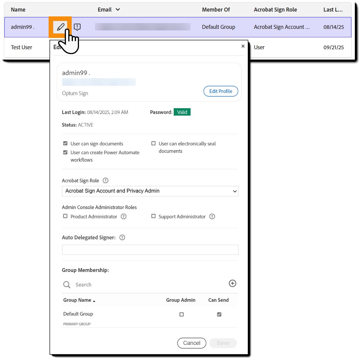 Page Utilisateurs avec le lien Modif. détails utilisateur mis en évidence