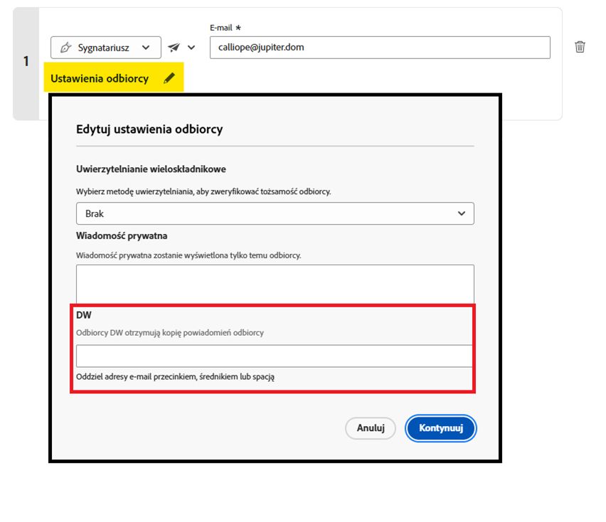 Strona „Wyślij” wyświetlająca panel konfiguracji strony DW.