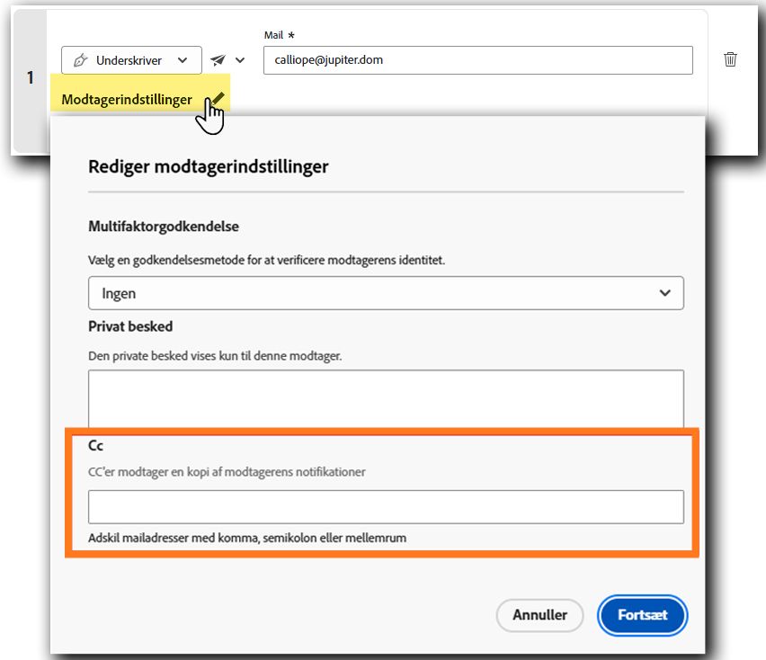 Siden &quot;Send&quot;, der viser konfigurationspanelet for CC-parten.