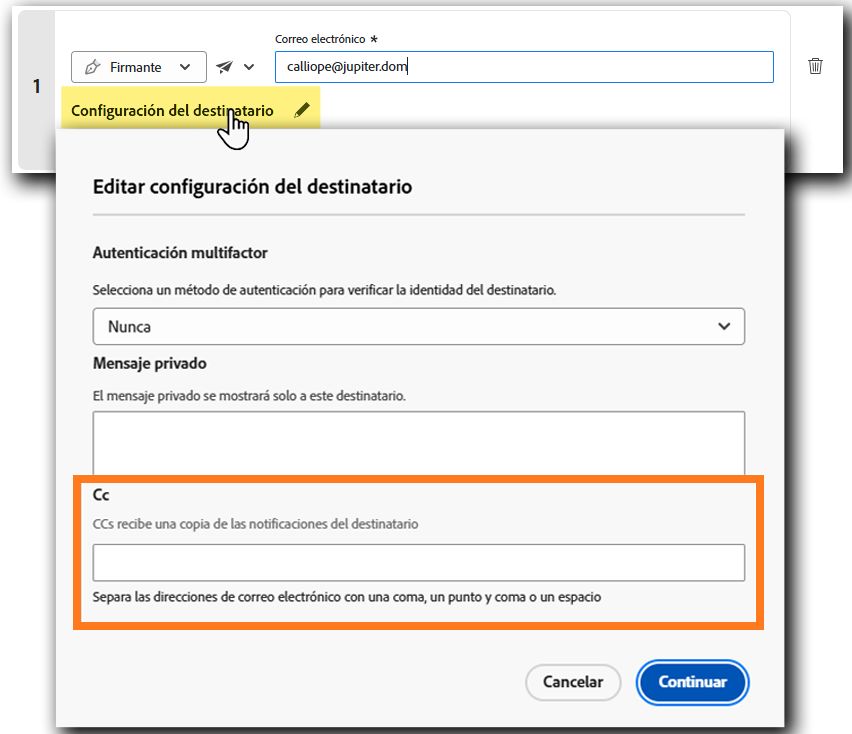 Página “Enviar” que muestra el panel de configuración para la parte en CC.