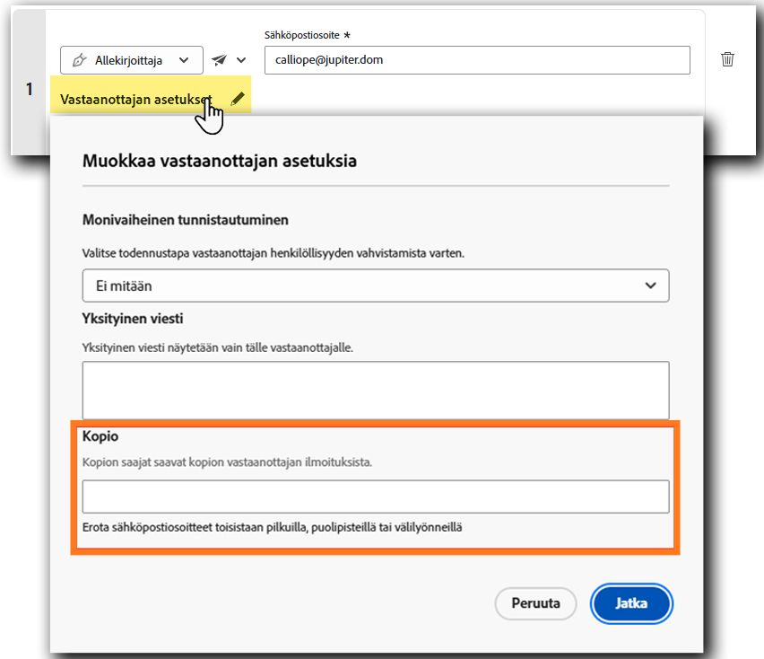 Lähetä-sivulla näkyy kopion saavan osapuolen määrityspaneeli.