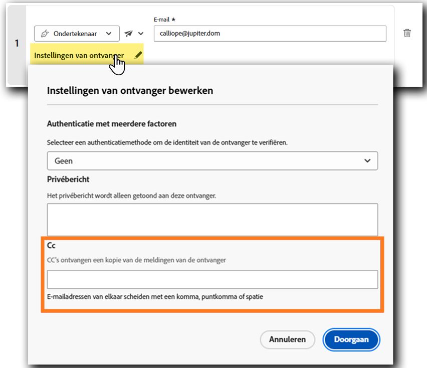 De pagina Verzenden geeft het configuratiedeelvenster weer voor de partij die in de CC staat.