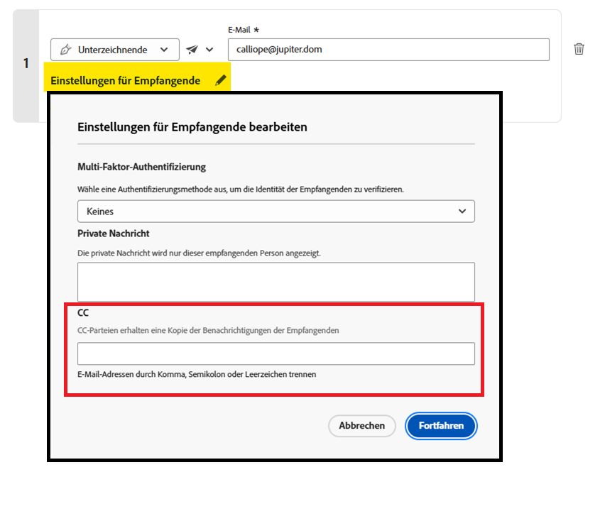 Seite „Senden“ mit dem Konfigurations-Bedienfeld für die CC-Partei.