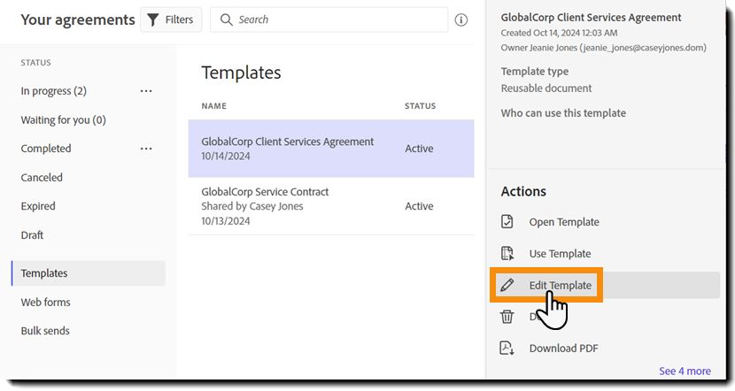 the Manage page with a selected template highlighting the Edit Template action.