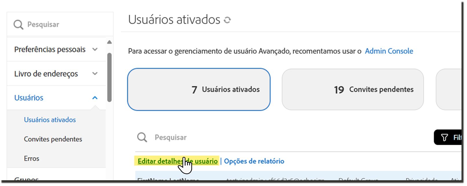 A guia “Usuários”, com a ação “Editar detalhes do usuário” realçada.