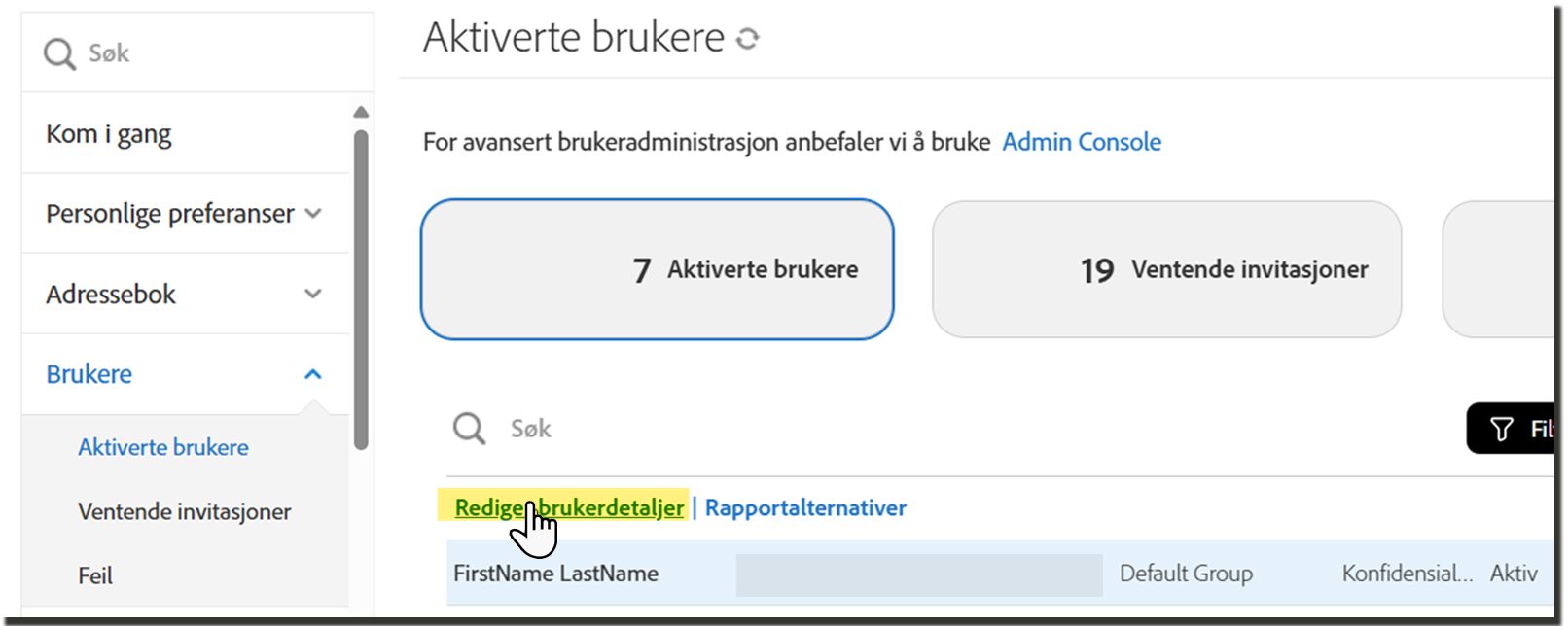 Aktiver brukere-listen med handlingen Rediger brukerdetaljer uthevet.