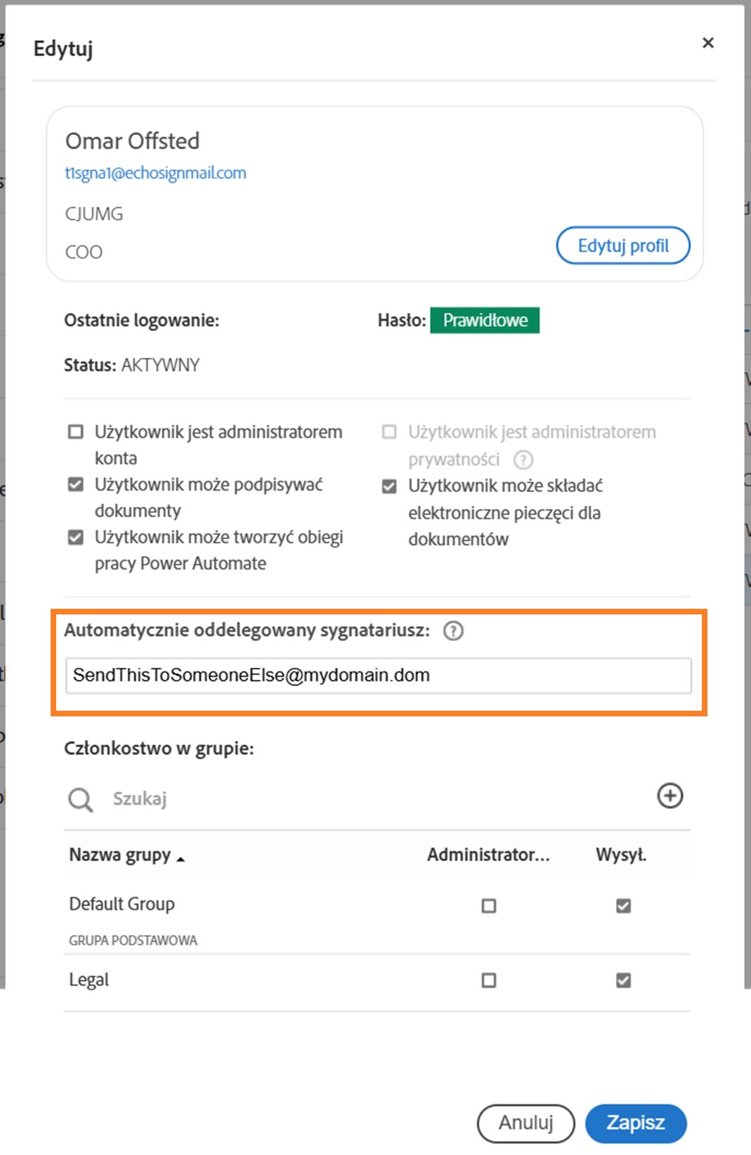 Interfejs edycji użytkownika z podświetloną opcją Automatycznie delegowany sygnatariusz