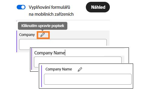 Nástroj pro vytváření formulářů Mobile Focus zobrazující upravovaný popisek pole