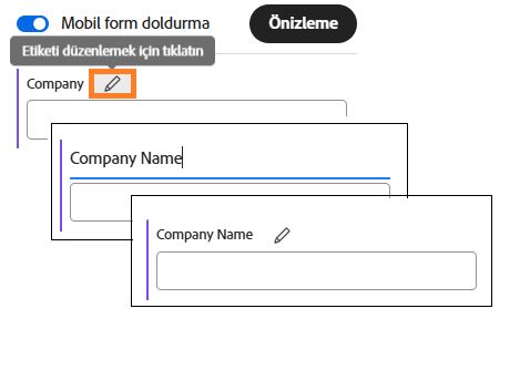Düzenlenmekte olan alan etiketini gösteren Mobil Odak Form Oluşturucu