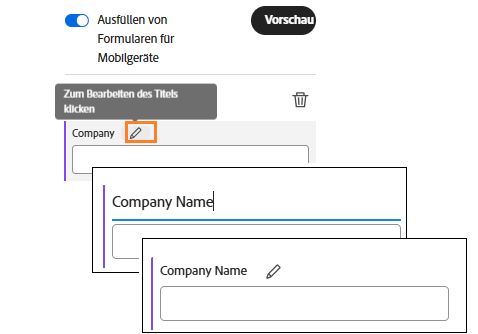 Formularerstellung mit Fokus für Mobilgeräte, die zeigt, wie der Feldtitel bearbeitet wird