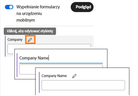 Edycja etykiety pola w mobilnym kreatorze formularzy