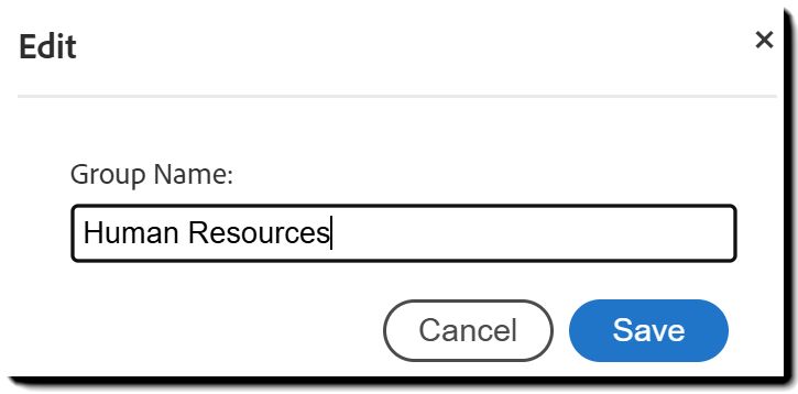 A sobreposição Editar com o novo nome do grupo inserido.