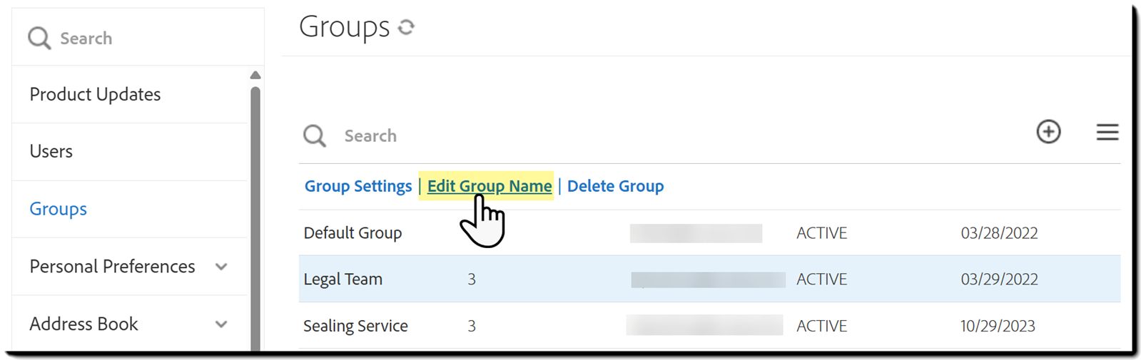 O menu do administrador, realçando as ações do grupo.