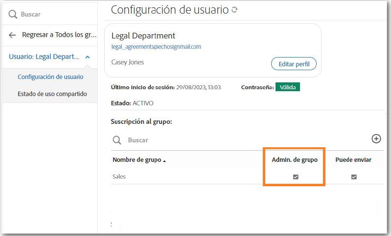 La interfaz Configuración de usuario con la casilla de verificación Administrador de grupo para el grupo resaltada.