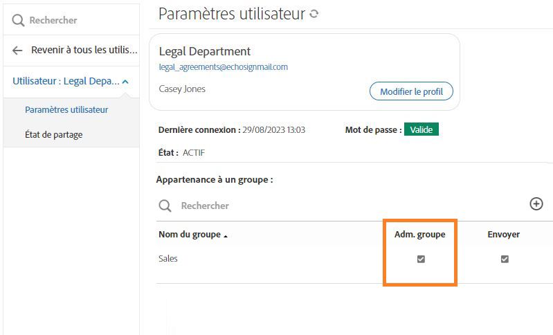 Interface Paramètres utilisateurs mettant en surbrillance la case à cocher Administrateur de groupe pour le groupe