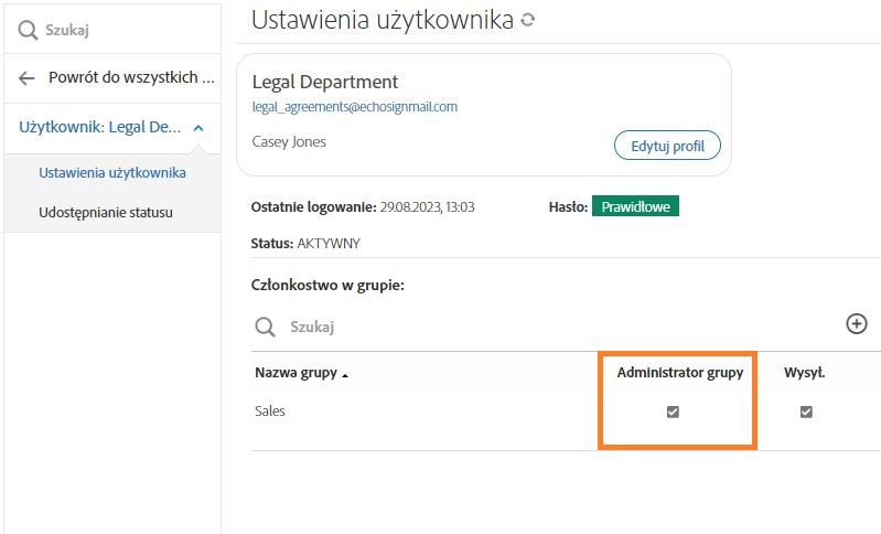 Interfejs Ustawienia użytkownika podświetla pole wyboru administratora grupy dla grupy