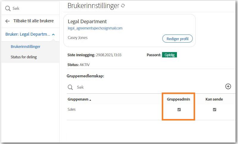 Brukerinnstillinger-grensesnittet uthever avmerkingsboksen Gruppeadministrator for gruppen