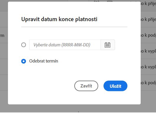 Editor termínu zobrazující možnost vybrat nové datum nebo odstranit termín.
