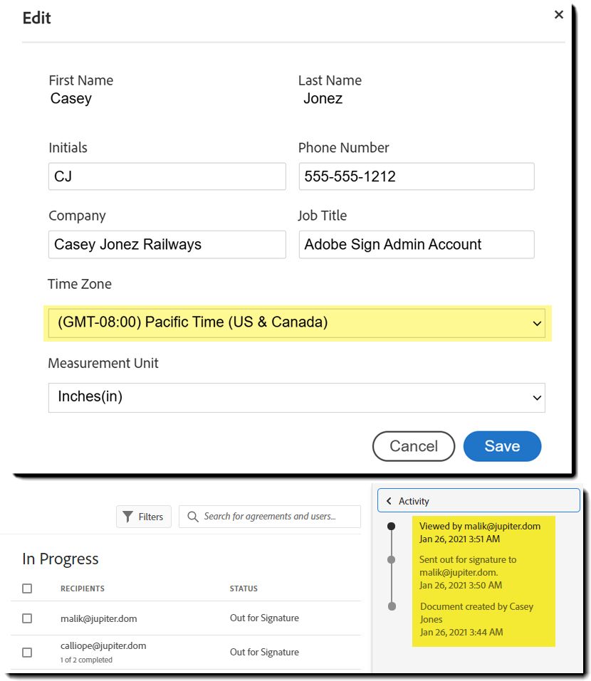Profil utilisateur avec le champ Zone horaire mis en évidence