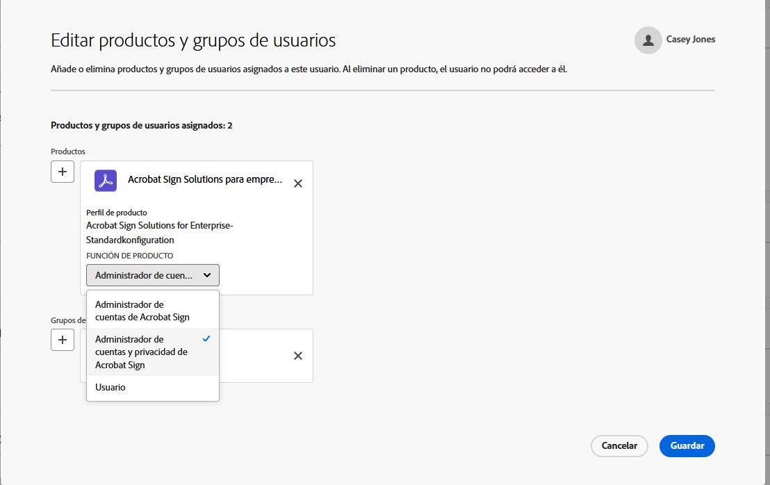 Página de productos asignados a usuarios con el menú Función de administración de producto expandido.