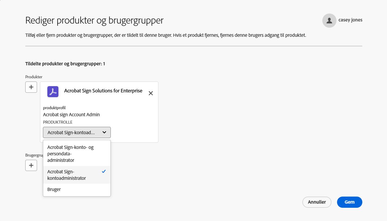 Produktsiden med tildelte brugere med menuen Produktrolle udvidet.