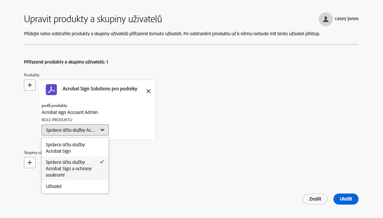 Stránka uživatelů přiřazených k produktům s rozbalenou nabídkou Role produktu.