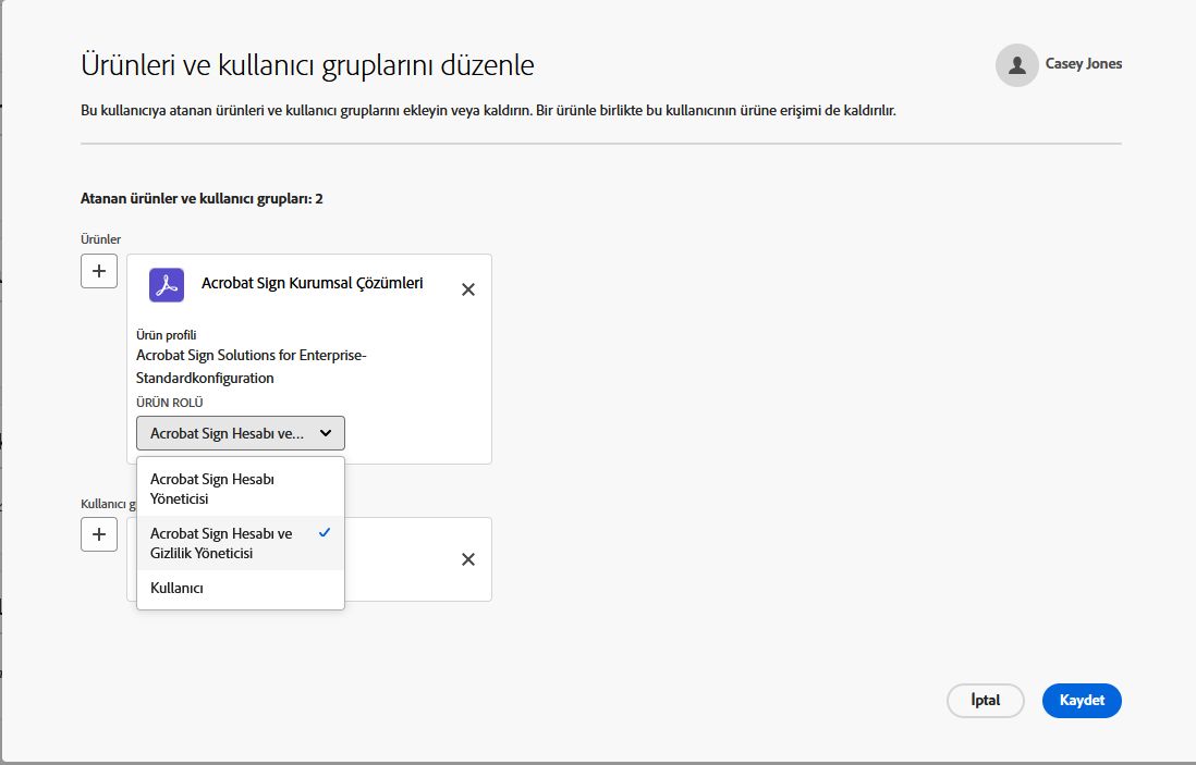 Ürün Rolü menüsü genişletilmiş kullanıcıya atanmış ürünler sayfası.