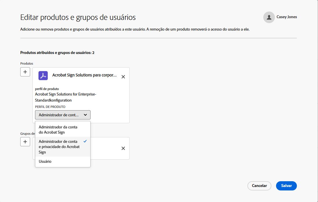 A página de produtos atribuídos aos usuários com o menu Função do produto expandido.