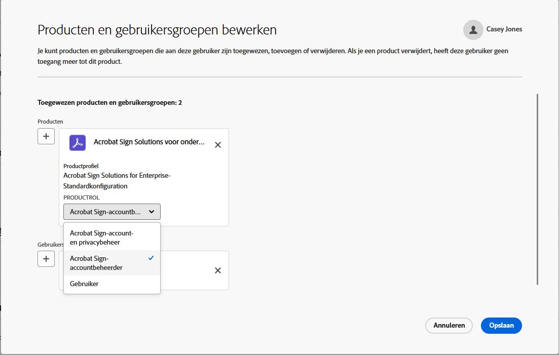 De pagina met toegewezen producten voor gebruikers met het menu Productrol uitgevouwen.
